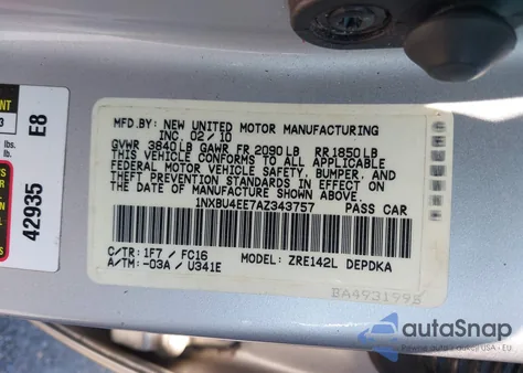 2010 Toyota Corolla Le из США, поврежденный, VIN 1NXBU4EE7AZ343757